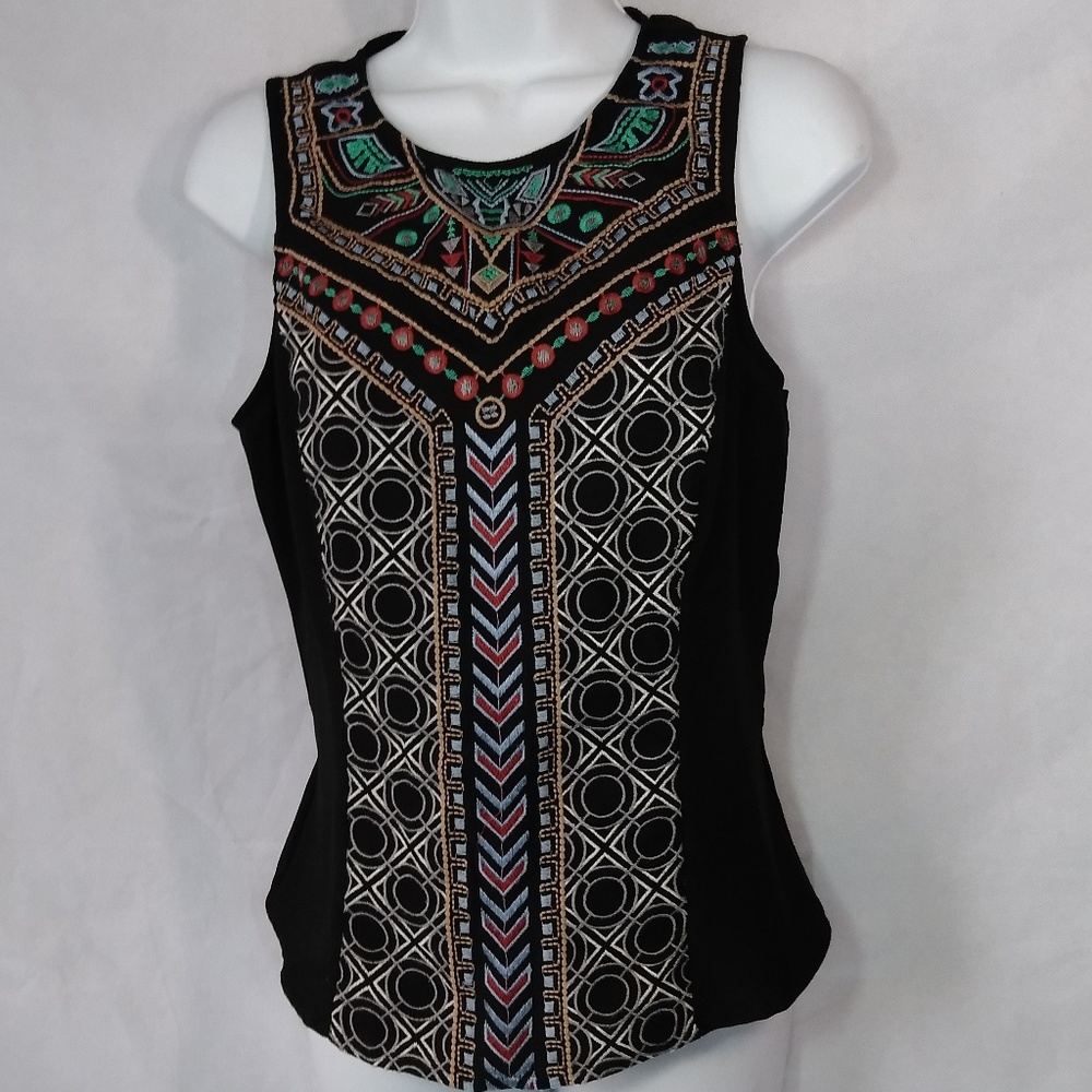 ALYA Women"s Black embroidered front Tank Top Sz M